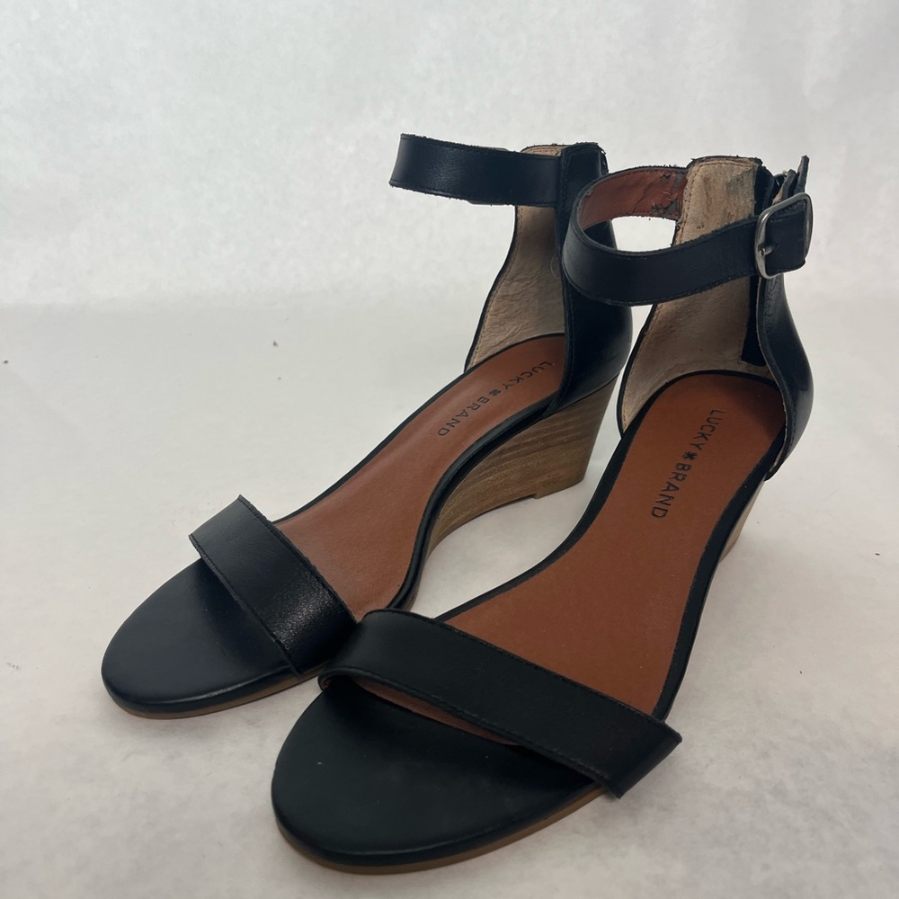 Lucky Brand Black Ankle-Strap Wedge Sandals with Wood-Look Heel